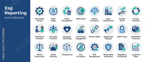 Vector Icon Set of 24 ESG Reporting and Sustainability Metrics in Flat Design Style with Corporate Blue and Green Colors for Environmental Social and Governance Corporate Responsibility Reports