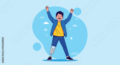 Young boy with a prosthetic leg raises his arms in triumph and smiles joyfully against a blue background with abstract shapes and clouds.