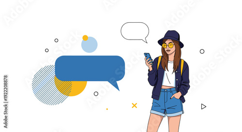 Stylish young woman wearing a hat and sunglasses uses her smartphone while standing next to large blue and white empty speech bubbles.