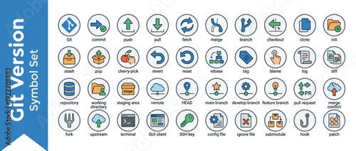 Comprehensive Set of 40 Flat Vector Icons for Git Version Control and Software Development Workflow; Includes Symbols for Commit, Push, Pull, Merge, Branch, Repository, Pull Request, and Terminal.