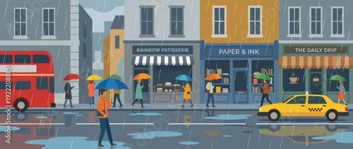 Flat vector illustration of a rainy city street scene with people walking under colorful umbrellas, a red double-decker bus, a yellow taxi, and charming storefronts on a wet urban sidewalk.