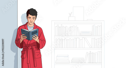 Young man wearing a cozy red bathrobe leans against a wall while engrossed in reading a book with a bookshelf outline in the background.