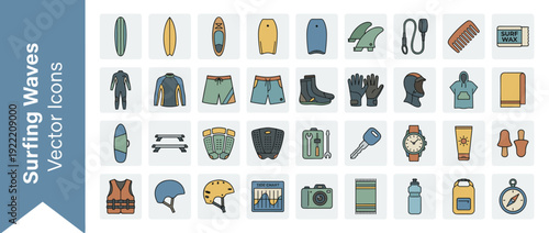 Surfing and Wave Riding Equipment Vector Icon Set Featuring 32 Flat Design Icons of Surfboards, Wetsuits, Fins, Board Shorts, Sunscreen, and Beach Gear in a Muted Editorial Color Palette.