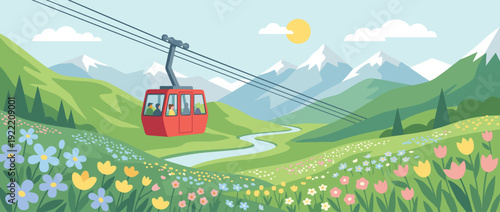 Flat Vector Illustration of a Scenic Red Cable Car Ride Over a Lush Mountain Valley Filled with Colorful Spring Wildflowers, Snow-Capped Peaks, Winding River, and Bright Sun in a Clear Blue Sky