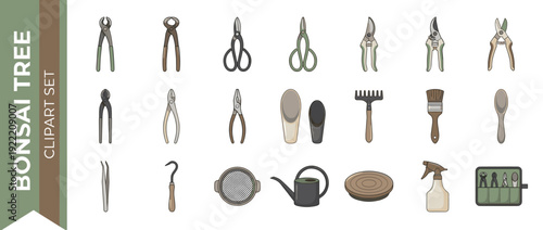 Vector icon set of 20 bonsai tree cultivation and maintenance tools in a modern flat design with a neutral palette. Includes shears, cutters, scissors, rake, brush, watering can, and tool kit bag.