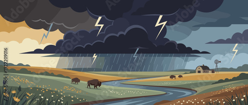 Flat Vector Illustration of a Dramatic Spring Thunderstorm Over a Vast Prairie Landscape with Dark Clouds, Lightning Bolts, Rain, Wild Bison Grazing by a River, a Farmhouse, and a Windmill.