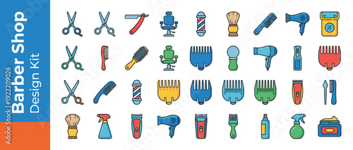 Barber Shop Icon Set Featuring 28 Flat Design Vector Illustrations of Hairdressing Tools and Accessories like Scissors, Combs, Hair Dryers, Clippers, Barber Chairs, Razors, and Shaving Brushes.