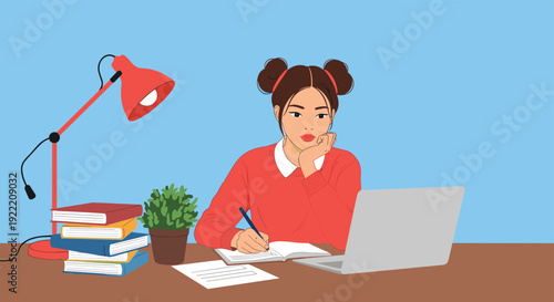 Young girl with her hair in buns sits at a desk focusing on her studies with a laptop, notebooks, a stack of books, and a desk lamp.