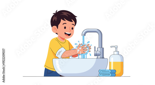 Happy young boy wearing a yellow t-shirt carefully washes his hands with soap and water at a bathroom sink to maintain good hygiene.