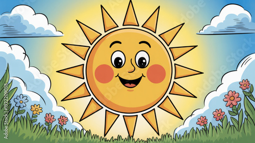 Smiling sun with rosy cheeks and big eyes in a sunny meadow with colorful flowers and fluffy clouds