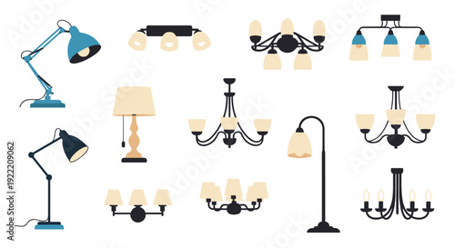 Large set of various lighting fixtures including table lamps, desk lamps, floor lamps, wall sconces, and decorative ceiling chandeliers.