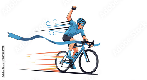 Determined professional cyclist raises his fist in victory while crossing the blue finish line ribbon during a fast-paced bicycle race.