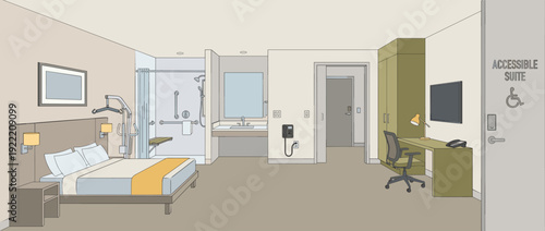 Modern disability accessible travel hotel room vector illustration featuring adapted furniture, patient lift, roll-in shower, grab bars, lowered sink, and wheelchair-friendly suite interior.