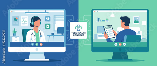 Modern telehealth consultation flat vector illustration with a female doctor and male patient on computer screens, connecting remotely for medical advice and symptom checking via digital tech.