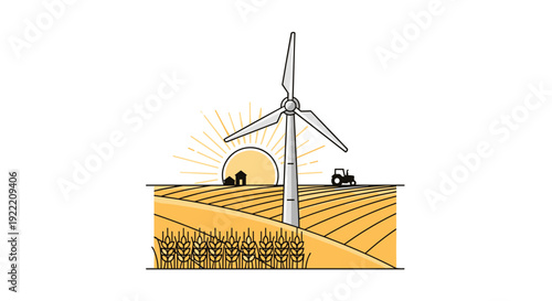 Wind turbine standing in a golden agricultural field under a sunrise with a barn and a tractor in the background, Generative AI.
