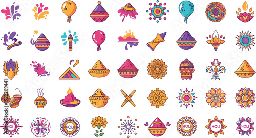 Vibrant Holi festival icons and symbols in colorful illustration