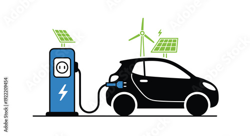 Electric car charging at a station powered by solar panels and a wind turbine symbolizing green transport, Generative AI.