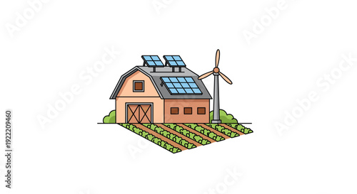 Barn with rooftop solar panels and a wind turbine situated next to cultivated fields showcasing integrated farm energy, Generative AI.