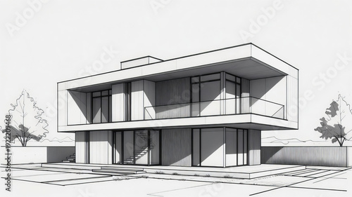 Drawing of a beautiful modern private house in line art style.