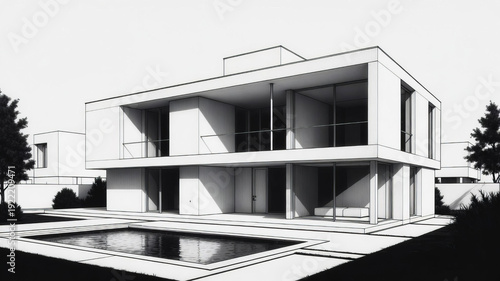 Drawing of a beautiful modern private house in line art style.