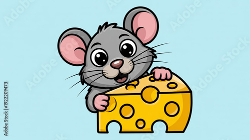 A cheerful cartoon mouse holds a wedge of yellow cheese on a light blue background with big eyes and pink ears