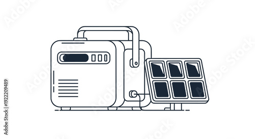 Line art illustration of a portable power station connected to a compact solar panel designed for off-grid energy solutions, Generative AI.