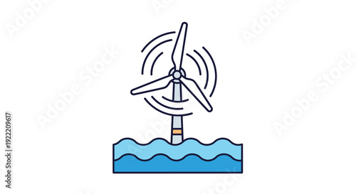 An offshore wind turbine with rotating blades stands in the blue ocean water generating renewable power on a white background, Generative AI.