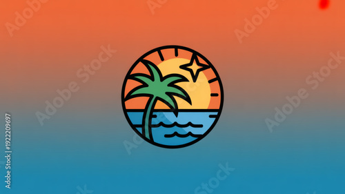 Vibrant tropical sunset with palm tree and ocean waves in a circular logo on gradient background