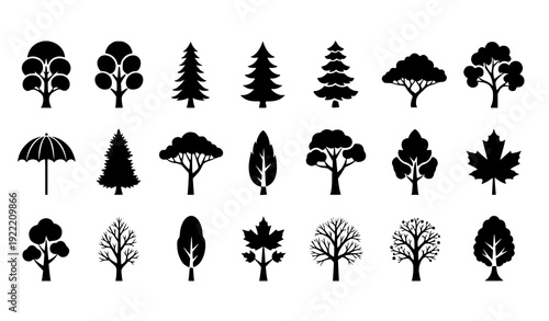 Stylized Tree Silhouette Vector Set Black Nature Icons Botanical Clipart Bundle on White