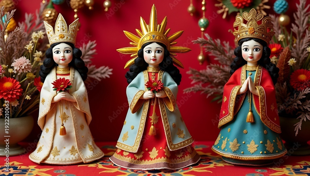 Fototapeta premium Three Beautifully Adorned Religious Statues with Crowns and Elaborate Robes.