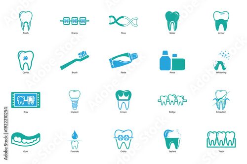 Dental Care and Orthodontic Treatment Icons Set – Tooth, Braces, Implant, Whitening, Oral Hygiene and Dentistry Flat Vector Icon Collection