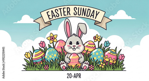 Easter sunday bunny surrounded by colorful eggs and flowers in a grassy field with clouds