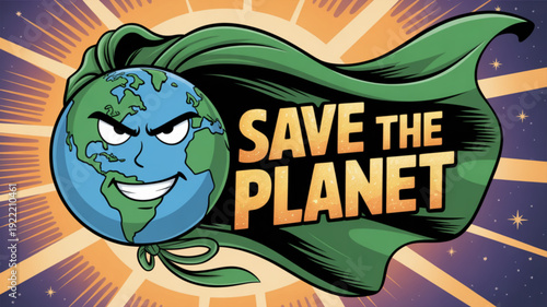 Smiling earth in green cape with 'save the planet' text on starry background with sunburst