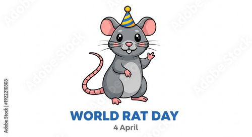Cartoon rat in party hat celebrates world rat day on april 4th with cheerful expression and waving paw