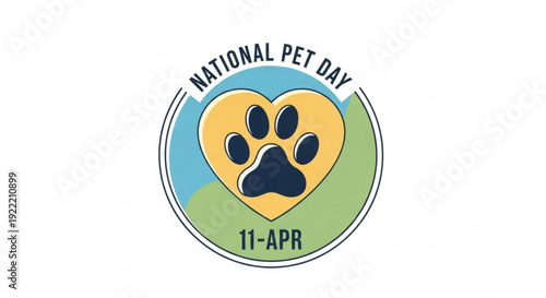 National pet day logo with paw print in heart on april 11th for animal lovers and pet owners