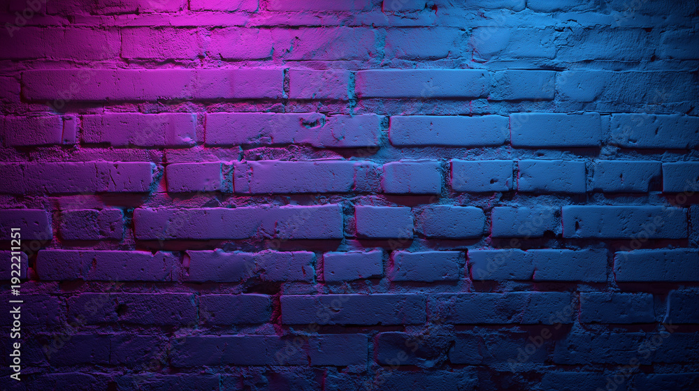 Fototapeta premium A brick wall with purple and blue neon lights, glowing in the dark