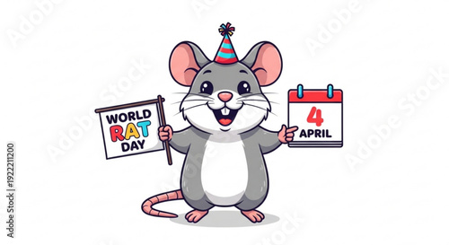 Cartoon rat in party hat holds world rat day sign and calendar on april 4th celebrating festive occasion