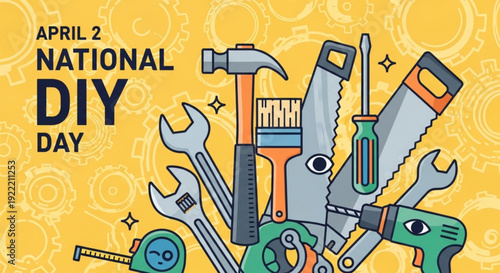 National diy day april 2nd illustration with tools and equipment on yellow background