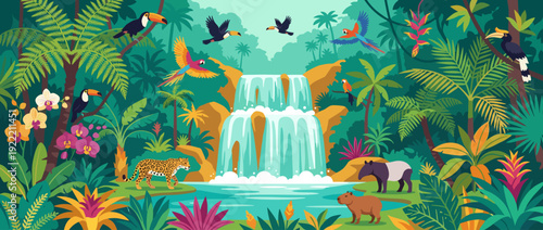 Vibrant Flat Vector Illustration of a Tropical Waterfall in a Lush Rainforest with Exotic Birds like Toucans and Parrots, a Jaguar, Tapir, Capybara, Orchids, and Dense Jungle Wildlife Landscape