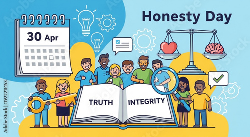Diverse group celebrating honesty day with truth and integrity concepts calendar marking april 30th
