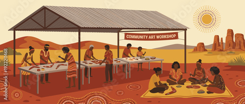 Flat vector illustration of a traditional Aboriginal dot painting workshop in the Australian outback desert. Indigenous people creating cultural art on boomerangs under a corrugated shelter.