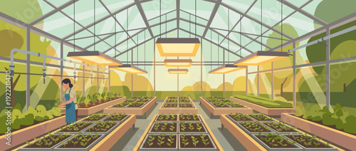 Modern Greenhouse Interior with Rows of Seedlings Growing Under Artificial Grow Lights, Female Gardener Tending to Plants in a Sustainable Indoor Farm, Flat Vector Illustration for Agriculture