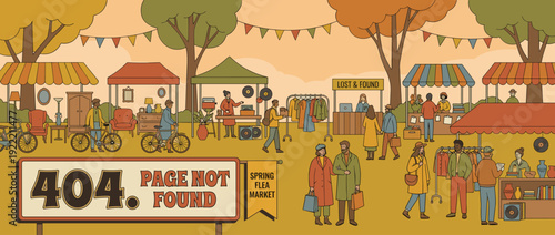 404 Page Not Found error message flat vector illustration featuring a busy spring flea market with shoppers browsing vintage furniture, vinyl records, and clothing at various outdoor stalls.