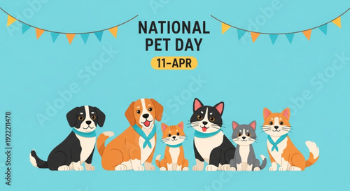 National pet day celebration with dogs and cats wearing blue scarves on light blue background with party flags
