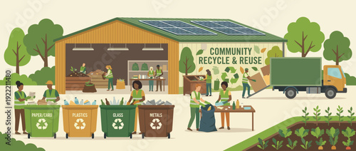Flat vector illustration of a community recycling and reuse center with volunteers sorting waste into bins for paper, plastic, glass, and metal. Eco-friendly facility with solar panels and garden.