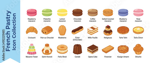 French Pastry Icon Collection Featuring 24 Vector Illustrations of Macarons, Croissant, Pain au Chocolat, Madeleine, Eclair, Mille-Feuille, Tarte Tatin, Canele, Opera Cake, and Brioche in Flat Style