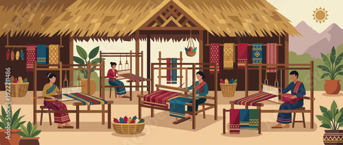 Flat vector illustration of a traditional Southeast Asian silk weaving workshop with artisans working on wooden looms to create colorful patterned textiles under a rustic thatched roof hut.