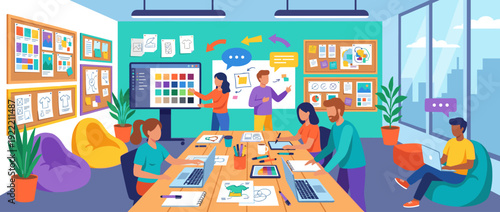 Flat vector illustration of a creative design agency brainstorming room with mood boards and sketches. Diverse team of designers collaborating on a project in a modern, vibrant office workspace.
