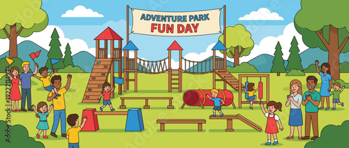 Vibrant flat vector illustration of children enjoying an outdoor obstacle course at a park with cheering families, featuring climbing structures, rope bridges, tunnels, and adventure park banner.