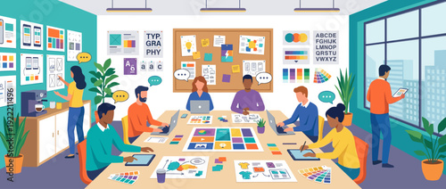 Flat vector illustration of a creative agency brainstorming room with designers working on laptops and tablets, surrounded by mood boards, sketches, color palettes, and modern office decor.
